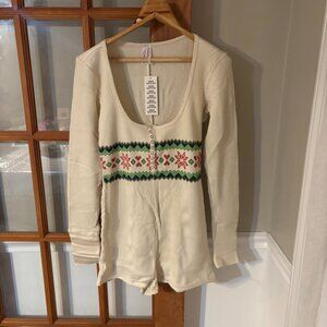 Urban Outfitters: Lounge Around Waffle Knit Fairisle Romper -XL - Cream